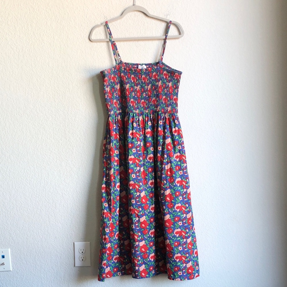 Dra Los Angeles Smocked Chest Floral Midi Dress Red Blue Cotton Layering